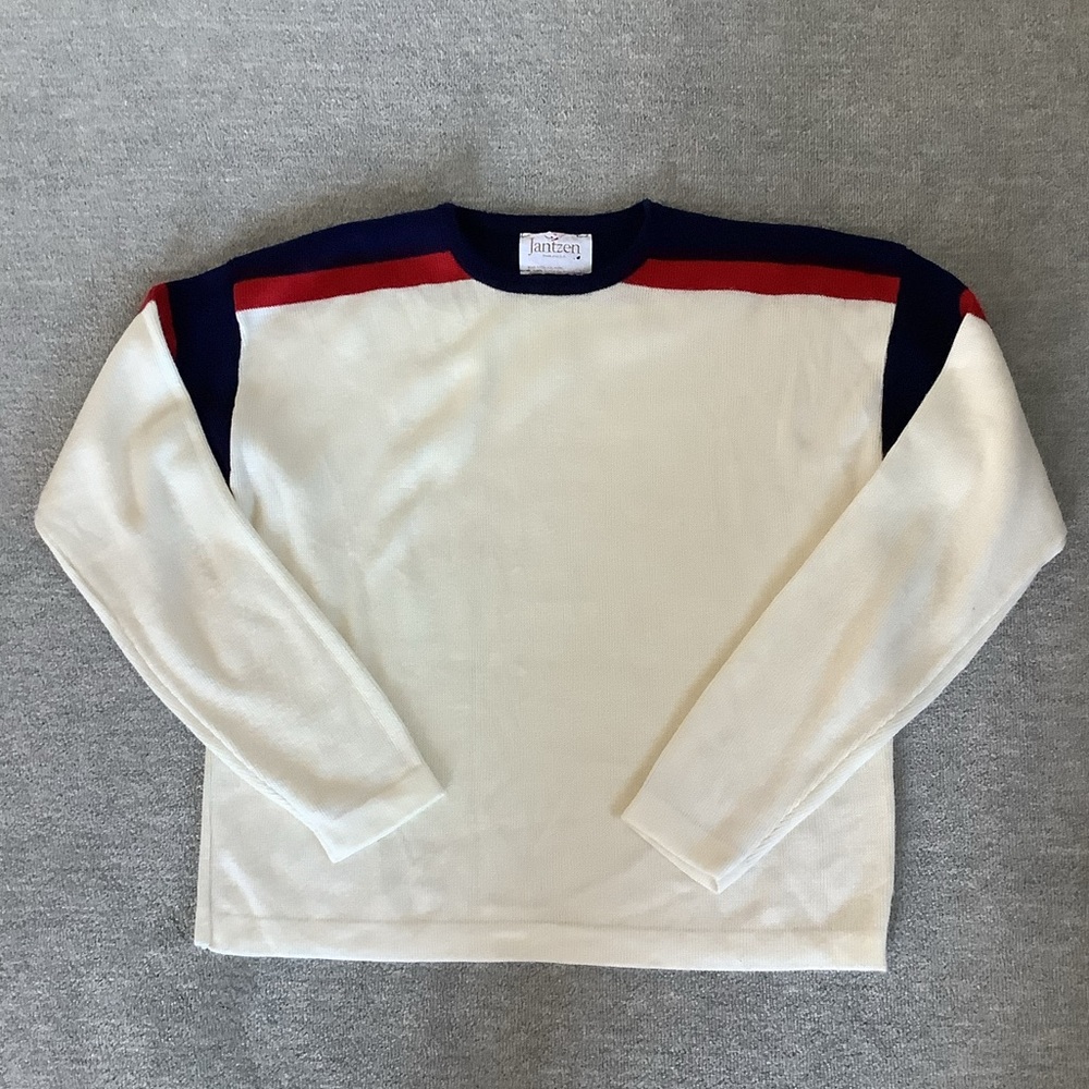 Jantzen Vintage Cream/Red/Navy Crewneck Preppy Knit Sweater Sz. XL